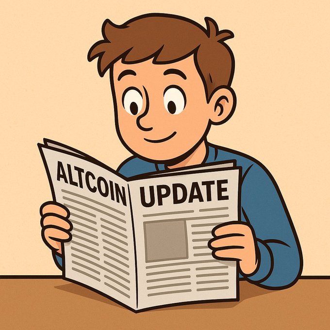A cartoon man smiles while reading a newspaper headlined "ALTCOIN UPDATE," visually representing someone catching up on crypto news like the deflationary outlook for $GALA described in the post.