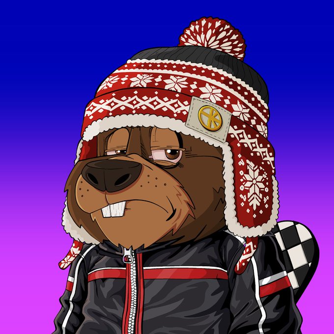 An illustrated NFT-style character of a beaver wearing a red and white patterned winter hat and a black jacket with red stripes, set against a purple-to-blue gradient background.