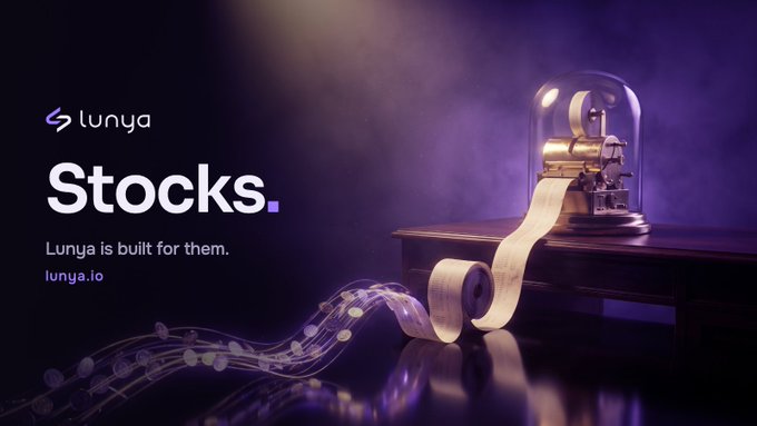 An advertisement for Lunya's 'Stocks' product featuring the tagline 'Lunya is built for them.' and the website 'lunya.io' alongside an artistic image of a tape dispenser.
