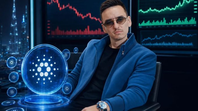 A Swedish crypto influencer poses in front of market charts beside a glowing Cardano (ADA) symbol, illustrating Carl Moon’s public portfolio update showing more than 1 million ADA tokens. Bitcoin and Ethereum are shown in profit, while several large altcoin holdings remain deeply underwater.