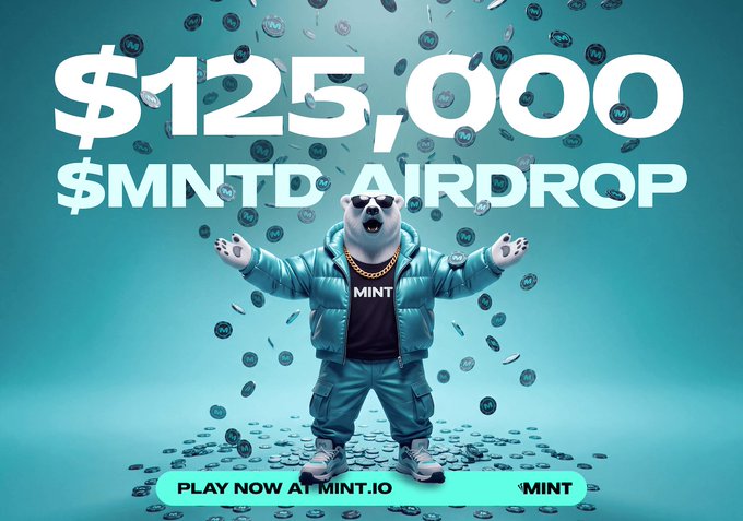 A cartoon polar bear in sunglasses and a teal puffer jacket celebrates amid falling "M" coins, with bold text reading "$125,000 $MNTD AIRDROP" and "PLAY NOW AT MINT.IO" — visually reinforcing the post's promotion of MINT's $125k Season 1 airdrop for players who wager $50 to qualify.