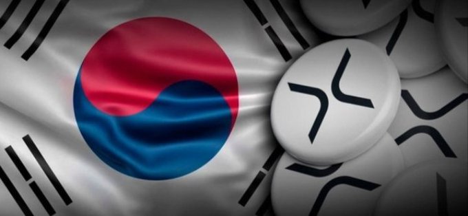 The South Korean flag is shown alongside the XRP (Ripple) cryptocurrency logo on white coins.