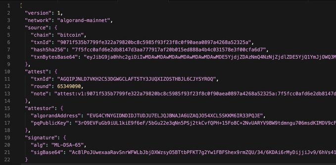 A JSON object detailing an Algorand mainnet transaction source, including a Bitcoin chain ID, a transaction ID, and an attestation round of 65349050.