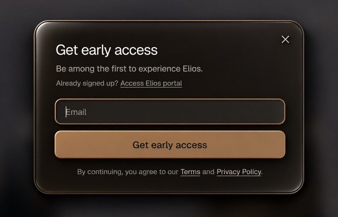 A modal popup offering "Get early access" to Elios with an email signup field, tied to the EliosPay $500 weekly rewards campaign promotion. The sign-up form invites new users to join the platform before the campaign's round ends in approximately four days.