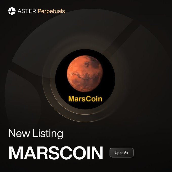 ASTER Perpetuals announces the new listing of MARSCOIN perps with up to 5x leverage, featuring a red planet graphic that ties into the coin's Mars-themed branding.