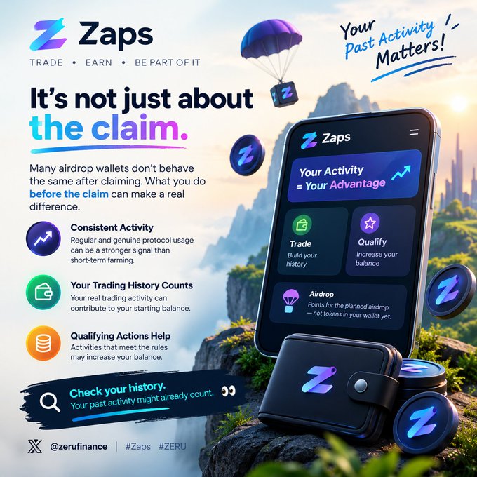 A promotional graphic for 'Zaps' by Zeru Finance with the tagline 'TRADE • EARN • BE PART OF IT', emphasizing 'Your Past Activity Matters!' for airdrop qualification.
