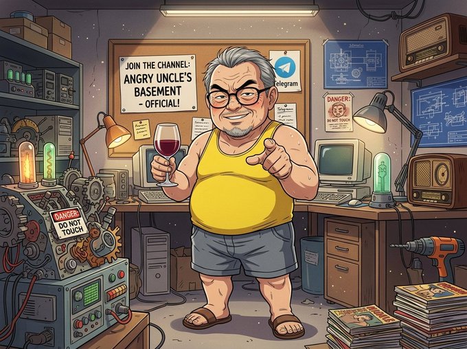 A cartoon illustration of a smiling, glasses-wearing man in a yellow tank top holding wine, set in a cluttered basement workshop with a bulletin board reading "JOIN THE CHANNEL: ANGRY UNCLE'S BASEMENT - OFFICIAL!" and a Telegram logo.