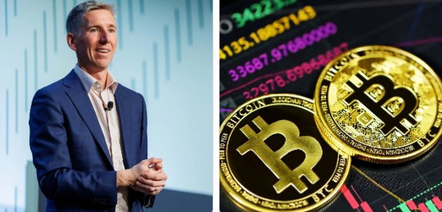 The image is a split graphic showing Matt Hougan speaking at a podium on the left, and two gold Bitcoin coins overlaid on a screen displaying crypto market data (including figures like 135.18837143 and 33687.9768000) on the right—visually reinforcing his warning about the risks of having no Bitcoin allocation.