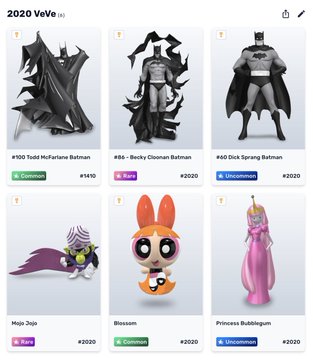 Screenshot of a 2020 VeVe NFT marketplace displaying Batman figurines (#100 Todd McFarlane, #86 - Becky Cloonan, #60 Dick Sprang), along with Mojo Jojo, Blossom, and Princess Bubblegum collectibles.