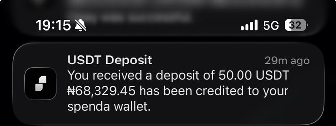 The image shows a mobile notification confirming a USDT deposit of 50.00 (₦68,329.45) credited to a "spenda wallet" 29 minutes ago. The notification ties into the post's boast about profiting, with the sender celebrating their crypto gains by joking they'll spend it on pepper soup.
