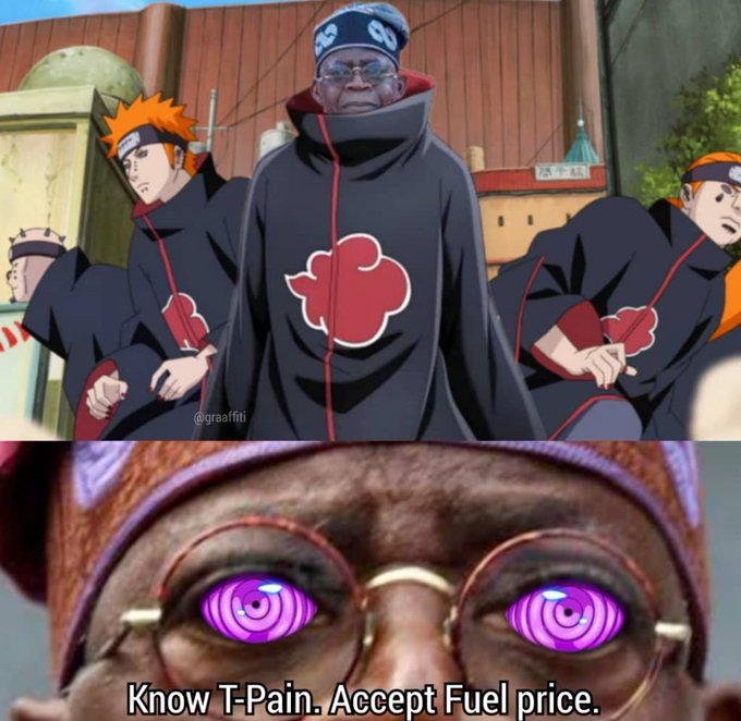 A meme combines an anime scene of Akatsuki members with a photo of a person whose eyes are edited to show purple Rinnegan patterns, captioned 'Know T-Pain. Accept Fuel price.'