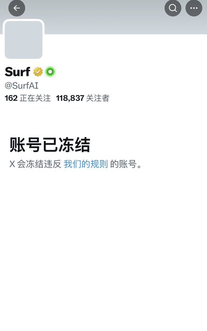 A screenshot of a suspended X (Twitter) account for 'Surf' (@SurfAI) with Chinese text reading '账号已冻结' (Account suspended) for violating rules.