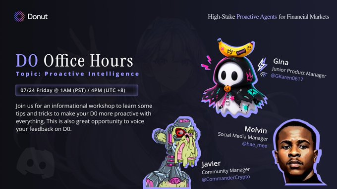 Promotional graphic for Donut's D0 Office Hours Ep. 4 on Proactive Intelligence, scheduled for July 24 (Friday) at 1AM PST / 4PM UTC+8, featuring team members Gina, Javier, and Melvin, with a banner reading "High-Stake Proactive Agents for Financial Markets" aligning with the post's announcement of D0's live trading-hunting proactive agent discussion.