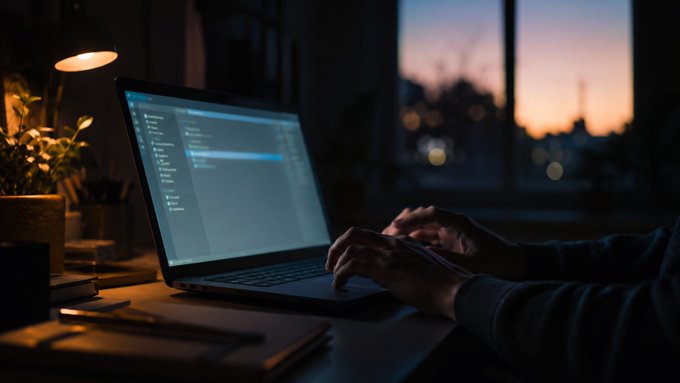 A person's hands type on a laptop keyboard displaying code in a dimly lit room at dusk, with a desk lamp illuminating the workspace and a window showing a sunset sky in the background.