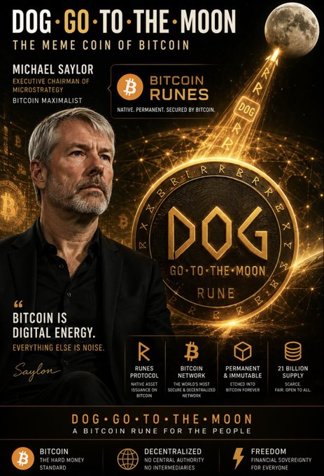The image features a man with white hair wearing a black suit, sitting down and looking at something above him. Below his head, there's a poster or flyer that reads "Dog - Go To The Moon", which seems to be related to Bitcoin. The text on the poster includes various descriptions of Bitcoin, such as "the meme coin of Bitcoin" and "bitcoin runes". There are also several logos for Bitcoin, including one with a dog logo.
