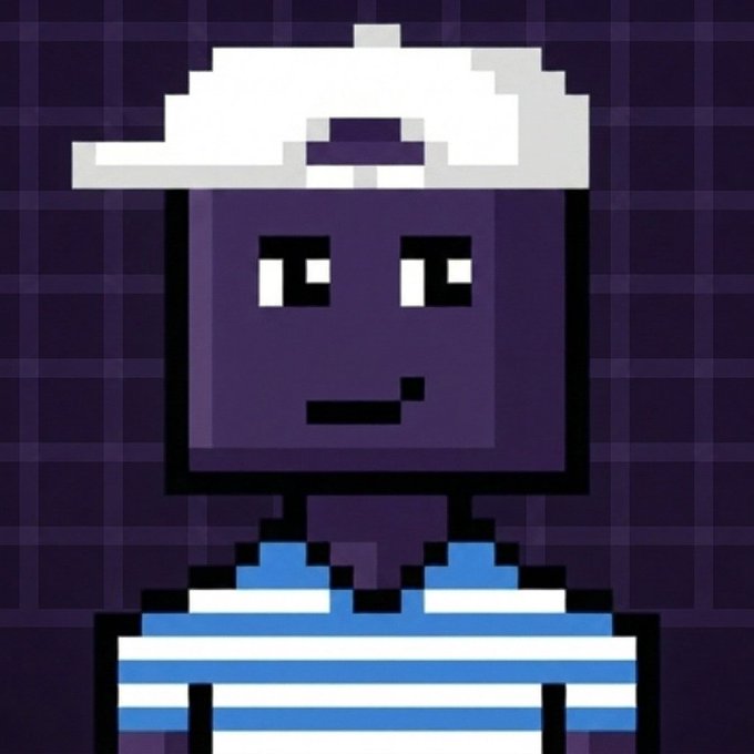 Pixel art style avatar of a person with dark purple skin, wearing a white visor, a blue and white striped shirt, and featuring minimalist square eyes.