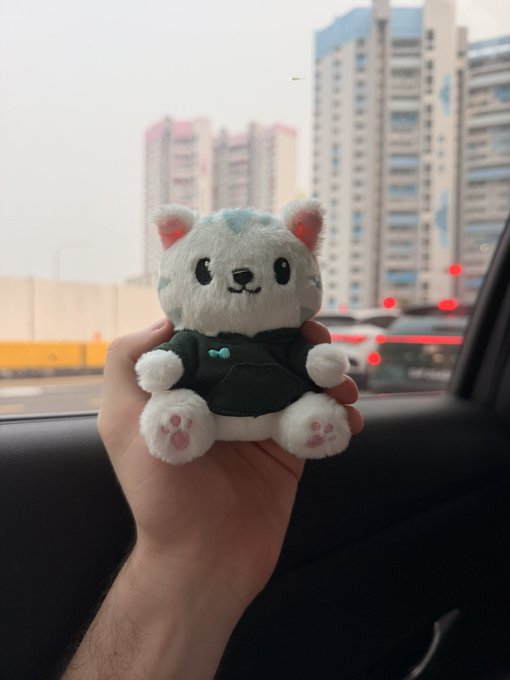 A hand holding a small plush toy resembling a white creature with cat-like ears and blue markings, photographed from inside a car with a city skyline in the background.