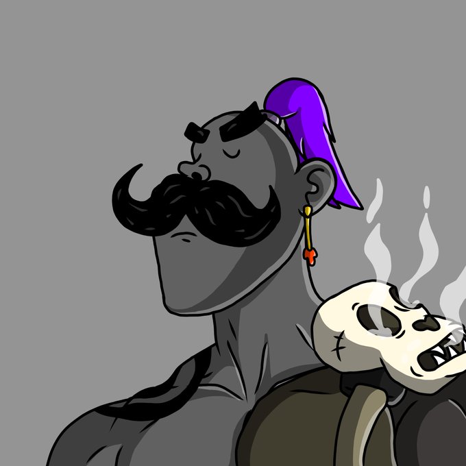 A digital illustration depicting a muscular gray figure with a large black mustache, purple hair, and a cross earring, holding a smoking skull.