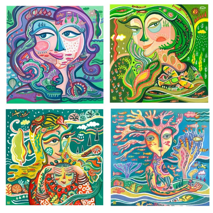 A set of four colorful, stylized paintings featuring abstract female faces intertwined with nature elements like trees, flowers, and water.