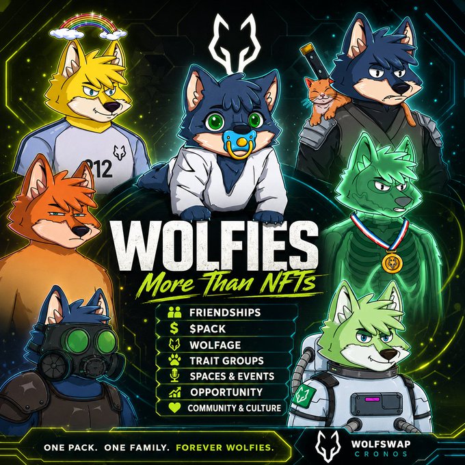 Promotional artwork for 'WOLFIES - More Than NFTs' on the 'WOLFSWAP CRONOS' platform, showcasing six cartoon wolf characters and listing features like 'FRIENDSHIPS,' '$PACK,' and 'COMMUNITY & CULTURE' with the tagline 'ONE PACK. ONE FAMILY. FOREVER WOLFIES.'.
