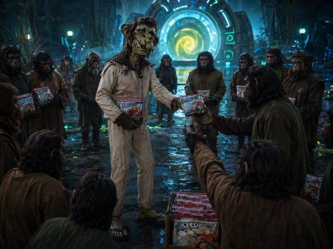 A scene from a sci-fi film shows a humanoid ape figure in a dirty white jumpsuit distributing colorful "CEREAL" boxes to a crowd of hooded apes gathered in a futuristic, dimly-lit environment with a glowing portal in the background.