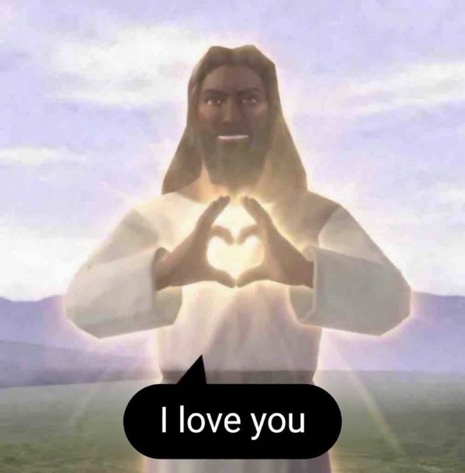 A depiction of Jesus making a heart shape with his hands against a bright sky background. A speech bubble reads 'I love you'.