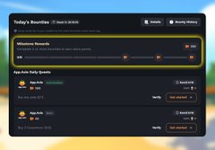 A screenshot of 'Today's Bounties' dashboard showing a 'Milestone Reward' challenge and 'Top Xers Daily Grants' for users 'kyc.eth' and 'luka.eth'.