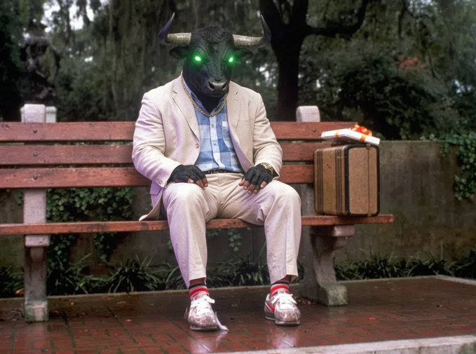 Surreal image of a figure with a black goat/bull head wearing a beige suit, sitting on a park bench next to a brown suitcase with a water gun on top.