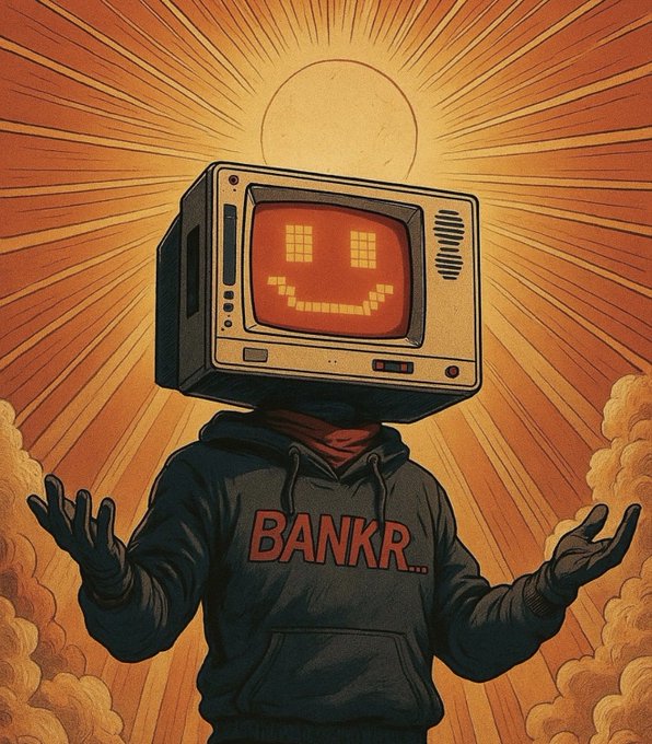 An illustration of a figure wearing a "BANKR..." hoodie and black gloves with a pixelated retro TV for a head displaying a smiley face, standing under a glowing sun in a dramatic, stylized environment.