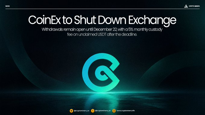 A news graphic announcing 'CoinEx to Shut Down Exchange' with details about withdrawals and custody fees, featuring the CoinEx logo and 'cryptominers.info' branding.