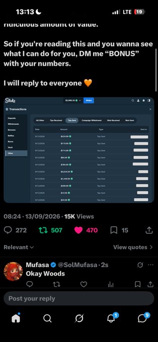 A screenshot of a social media post advertising that DMing 'BONUS' with numbers reveals a 'ridiculous amount of value,' showing a table of sports betting transactions with figures like '$4,170.00' and '$3,757.00' from user @SolMufasa at 13:13 on 13/09/2026.