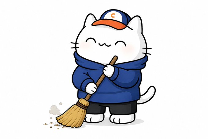Cute cartoon illustration of a smiling white cat wearing an orange and blue cap with 'C' on it, a blue hoodie, and holding a broom while sweeping.