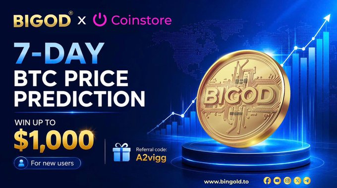 The image is a promotional banner for a BIGOD × Coinstore collaboration, advertising a "7-Day BTC Price Prediction" contest where new users using referral code "A2vigg" can win up to $1,000 for correctly predicting Bitcoin's price, featuring a gold "BIGOD" coin against a blue candlestick chart backdrop.