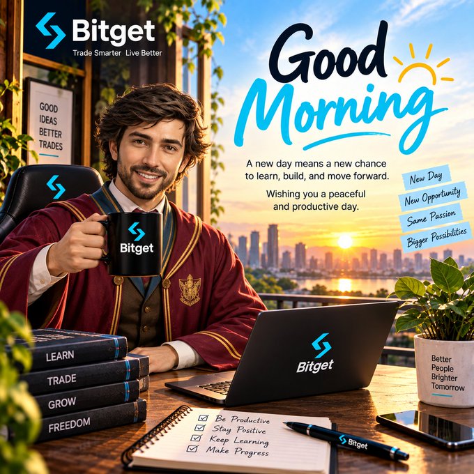 A 'Good Morning' motivational graphic from Bitget featuring a smiling man in a Hogwarts-style robe holding a Bitget mug, set against a backdrop of a sunrise over a city skyline.