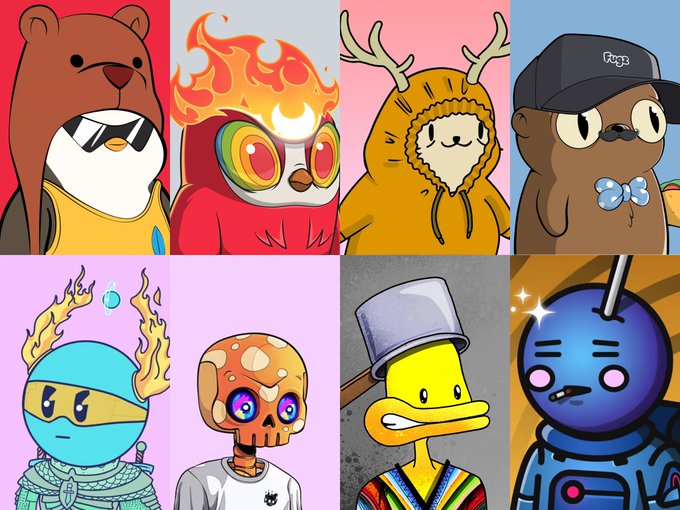 A collage of eight cartoon-style NFT character portraits, including animals wearing hoodies, flaming-headed figures, and stylized characters with various accessories.