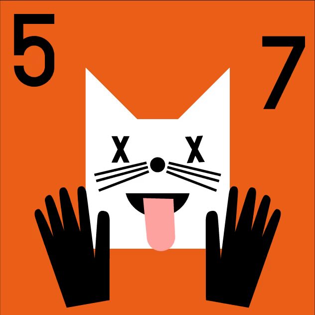 An orange-background graphic showing a minimalist white cat with X-shaped eyes and a pink tongue sticking out, with the number "5" on the left and "7" on the right.