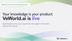 A promotional graphic for VeWorld.ai features the tagline "Your knowledge is your product: VeWorld.ai is live" and encourages users to "Apostille! turn your expertise into agents that earn around the clock," tying into a post about leveraging AI agents for personal growth with a link to an X Space and the $VET ticker.