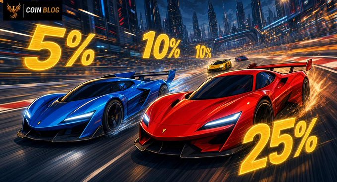 Promotional graphic for 'COIN BLOG' featuring two sports cars (one blue, one red) racing through a city with percentages 5%, 10%, 10%, and 25% displayed.