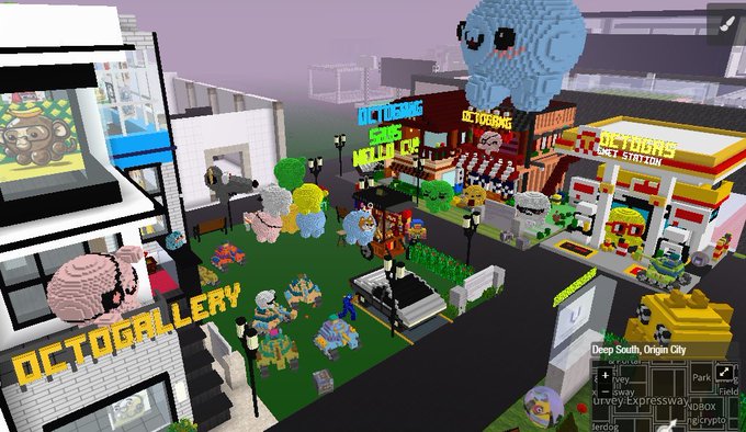 A Minecraft-style voxel/3D scene showing an 'OCTOGALLERY' area with various blocky character statues including a large blue octopus, an 'OCTOBORG SNACK' shop, and an 'OCTOBORG SWEET STATION', located in 'Deep South, Origin City'.