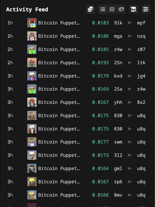 An Activity Feed showing multiple recent transactions involving 'Bitcoin Puppet…' with small BTC amounts like 0.0183, 0.0186, and 0.0185, ranging from 1 to 3 hours ago.
