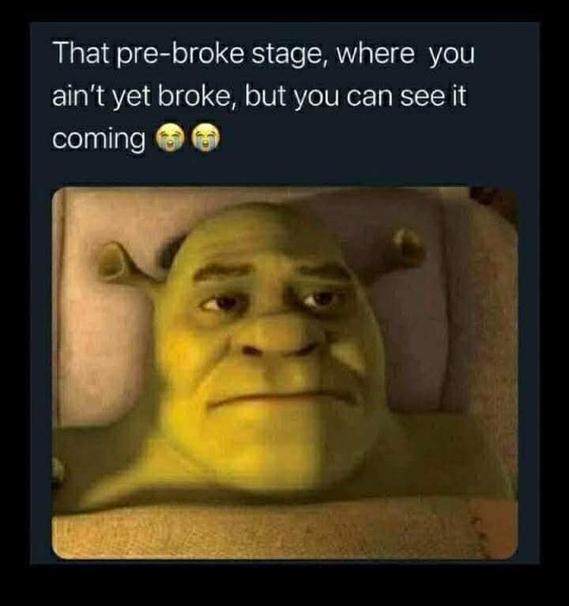 A meme featuring a close-up of Shrek with a melancholy expression, paired with the text "That pre-broke stage, where you ain't yet broke, but you can see it coming 😬😬." The image humorously captures the creeping dread of financial trouble, resonating with the "GM mutuals" post as a relatable good-morning vibe check for those sensing an impending economic slump.