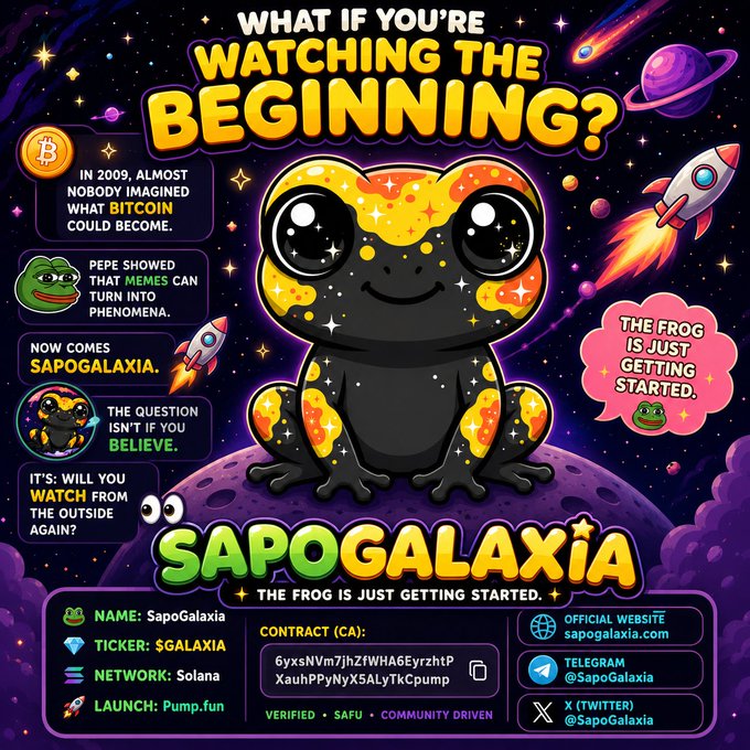 A colorful promotional graphic for the 'SAPOGALAXIA' memecoin on the Solana network, featuring a starry cosmic frog and text including 'CONTRACT (CA): 6yxsNVm7jhZfWHAG6EyrzhtPXauhPPyNyXSALyTKcpump'.