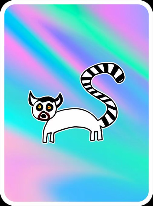A cartoon illustration of a white lemur with a black-and-white striped tail and yellow eyes, set against a colorful iridescent pastel background.