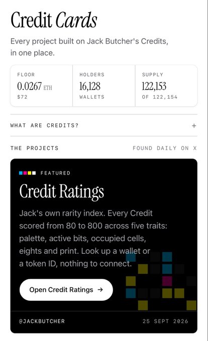 A screenshot of Jack Butcher's 'Credit Cards' page showing a floor of 0.0267 ETH, 16,128 holders, and a supply of 122,153, featuring a 'Credit Ratings' project.