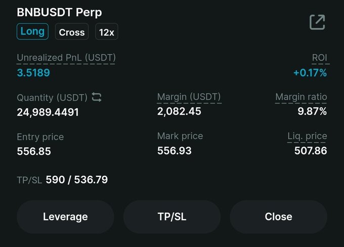 A trading interface screenshot showing a long BNBUSDT Perp position with 12x leverage, displaying an entry price of 556.85, mark price of 556.93, and an unrealized PnL of 3.5189 USDT.