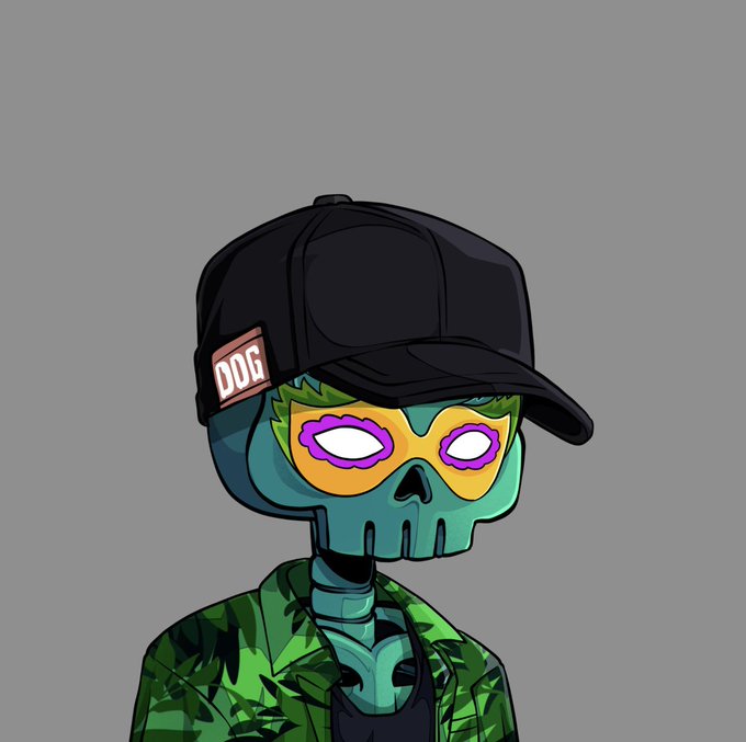 A cartoon character with a teal skull face, glowing purple eyes, and a black cap labeled "DDG" wears a green camouflage hoodie, matching the post about new NFT pickup @DedGorgez.