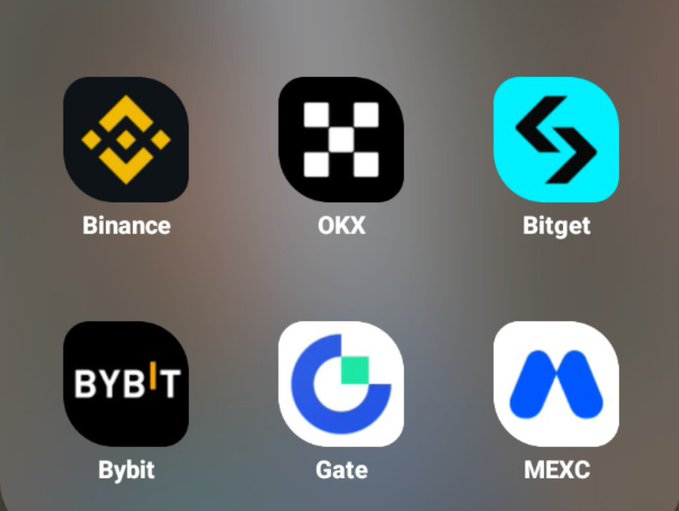 A display of cryptocurrency exchange app icons including Binance, OKX, Bitget, Bybit, Gate, and MEXC.