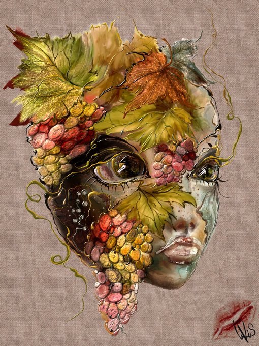 A detailed artwork depicting a face composed of grapes, leaves, and vines, resembling a Bacchus/Dionysus-like figure in warm earth tones with golden and red grape clusters.