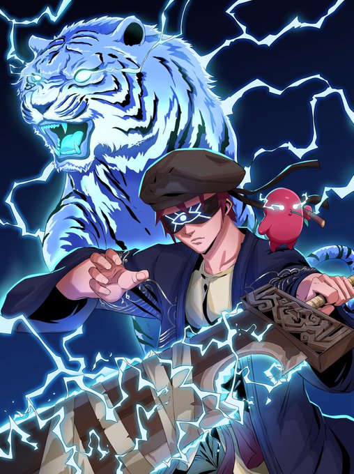 A vibrant anime/manga-style digital illustration depicting a male character wearing a black beret, mask, and blue coat, wielding a wooden sword while surrounded by blue lightning, accompanied by a fierce glowing-eyed white tiger and a small red devil-like creature on his shoulder.