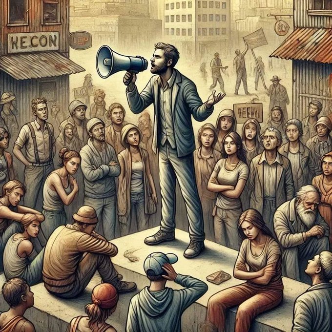 A stylized illustration depicting a man with a megaphone addressing a crowd of diverse people in what appears to be a protest or rally scene.